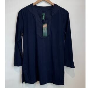 NWT Lauren Ralph Lauren Navy Long Sleeve Cotton Top Size Small